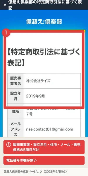 億超え倶楽部の特定商取引法に基づく表記。販売事業者名は株式会社ライズ、設立年月は2019年9月、住所は東京都中央区八重洲一丁目8番17号、販売価格は商品紹介ページをご参照くださいと書かれている。番号付きの赤枠と注釈が焼き込まれている