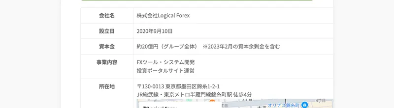会社名は株式会社Logical Forex、設立日は2020年9月10日、資本金は約20億円（グループ全体）、事業内容はFXツール・システム開発と投資ポータルサイト運営、所在地は東京都墨田区錦糸1-2-1と記載された会社概要