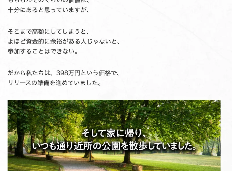 そこまで高額にしてしまうと、よほど資金的に余裕がある人じゃないと参加することはできない。だから私たちは、398万円という価格で、リリースの準備を進めていましたと書かれた販売ページ