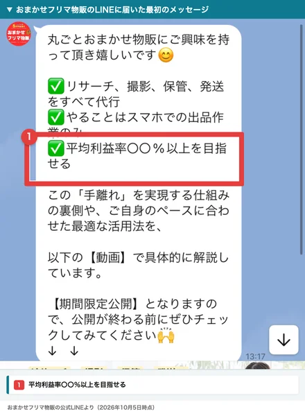 おまかせフリマ物販のLINEに届いた最初のメッセージ。リサーチ、撮影、保管、発送をすべて代行、やることはスマホでの出品作業のみ、平均利益率〇〇％以上を目指せると書かれている