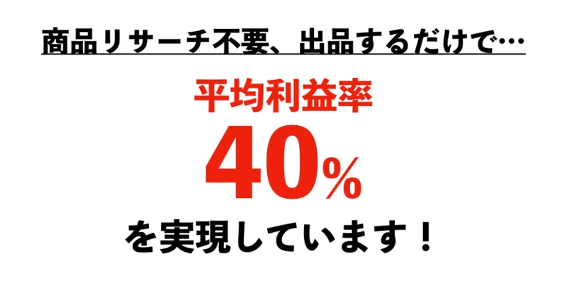 商品リサーチ不要、出品するだけで平均利益率40%を実現していますと書かれた広告