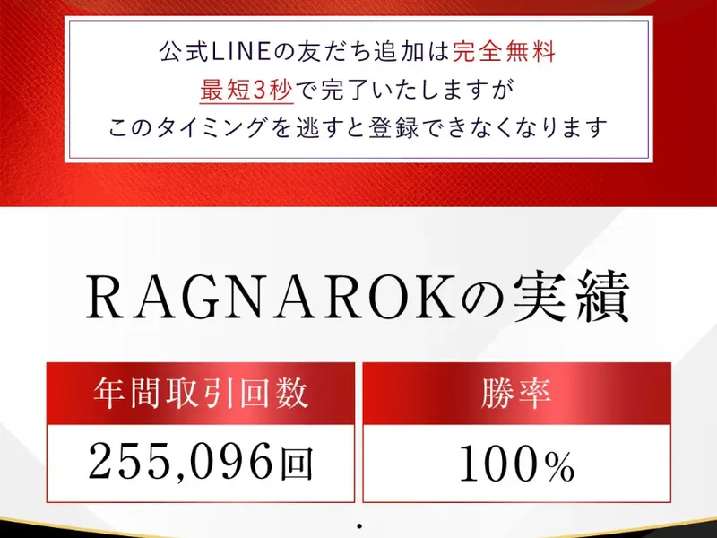 公式LINEの友だち追加は完全無料、最短3秒で完了いたしますがこのタイミングを逃すと登録できなくなりますという注意書きと、RAGNAROKの実績として年間取引回数255,096回、勝率100%と書かれた赤い表が並んでいる広告ページ