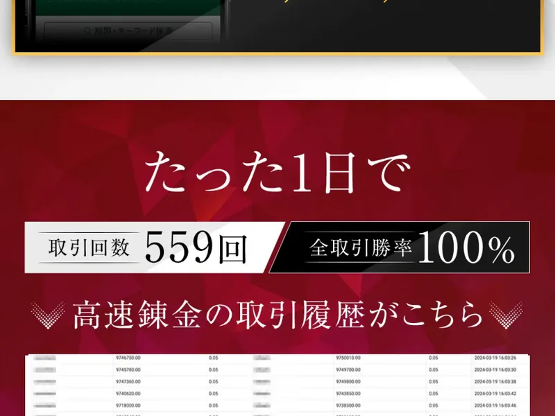 たった1日で取引回数559回、全取引勝率100%という赤い見出しと、高速錬金の取引履歴がこちらという文字の下に細かい取引の一覧が並んでいる広告ページ
