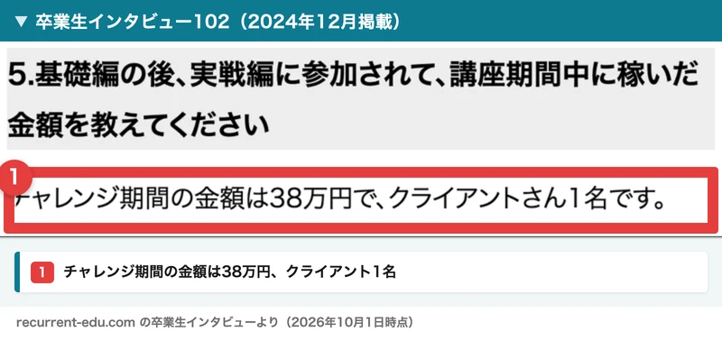 株式会社OnLineの卒業生インタビュー102の一部。講座期間中に稼いだ金額を聞く質問に、チャレンジ期間の金額は38万円で、クライアントさん1名ですと答えている
