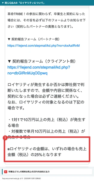 株式会社OnLineのQ&Aサイトのロイヤリティについての欄。卒業生と契約になった場合は報告し、1対1で10万円以上、または対複数で単月10万円以上の売上が発生する場合、ロイヤリティの金額は売上金額の25%と書かれている