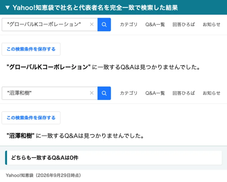 Yahoo!知恵袋でグローバルKコーポレーションと沼澤和樹をそれぞれ完全一致で検索し、どちらも一致するQ&Aは見つかりませんでしたと表示された画面