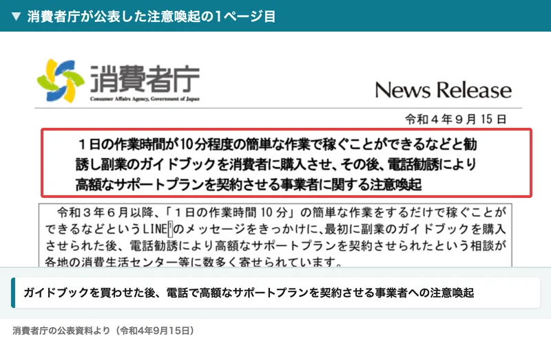 消費者庁の注意喚起の1ページ目。1日の作業時間が10分程度の簡単な作業で稼ぐことができるなどと勧誘し副業のガイドブックを消費者に購入させ、その後、電話勧誘により高額なサポートプランを契約させる事業者に関する注意喚起という題