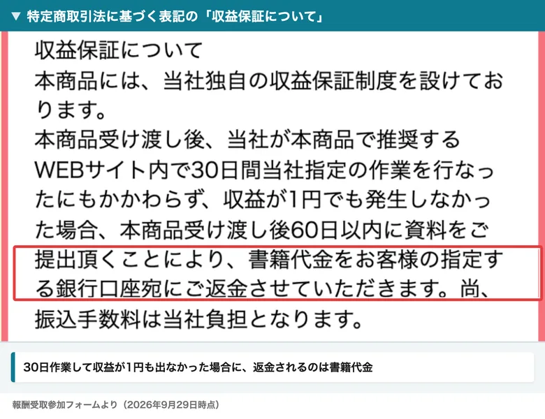 特定商取引法に基づく表記の収益保証について。30日間当社指定の作業を行なったにもかかわらず収益が1円でも発生しなかった場合、60日以内に資料を提出すると書籍代金を返金すると書かれている