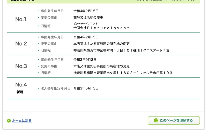 国税庁法人番号公表サイトの変更履歴。令和4年2月15日に商号又は名称の変更があり、旧情報は合同会社PictureInvestと表示されている