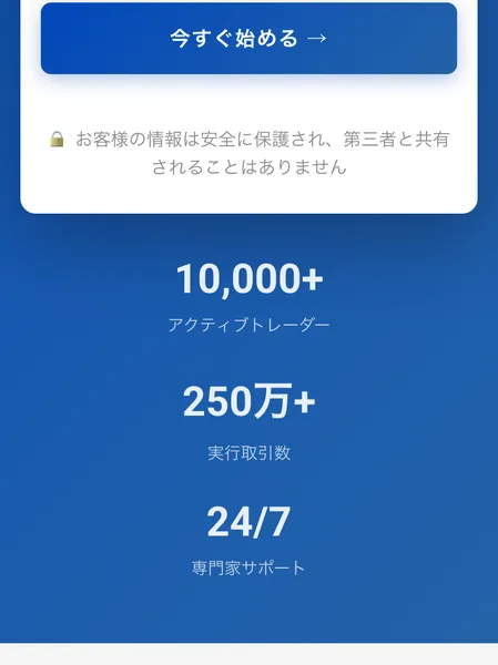 10,000プラスのアクティブトレーダー、250万プラスの実行取引数、24時間7日の専門家サポートと表示されている広告ページ