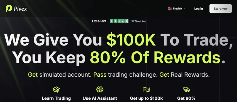 Pivex公式サイトの冒頭。10万ドルの取引枠、報酬の80%、模擬口座と審査の説明