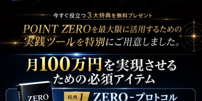 月100万円を実現させるための必須アイテムとして、特典1のZERO-プロトコル、特典2のアンチゾーンシステムが並ぶPOINT ZEROの広告ページ