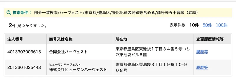 国税庁の法人番号公表サイトの検索結果。東京都豊島区でハーヴェストを含む法人は2件のみで、合同会社ハーヴェストと株式会社ヒューマンハーヴェストが表示されている