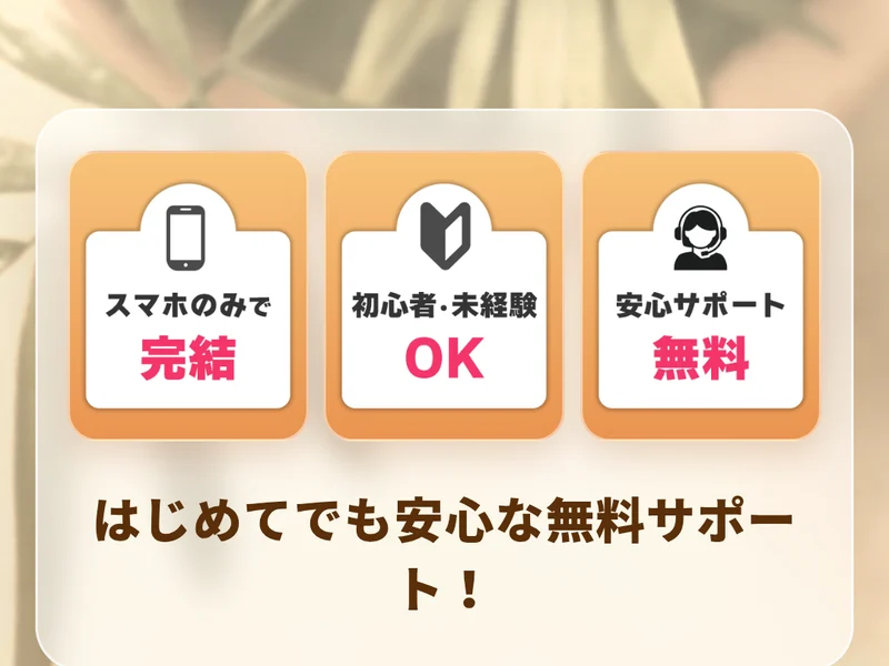 スマホのみで完結、初心者・未経験OK、安心サポート無料と書かれた案内ページ
