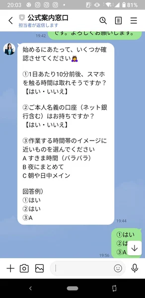 Price ChekerのLINEで1日10分ほどスマホを触れるか、本人名義の口座があるか、作業する時間帯を聞かれている画面