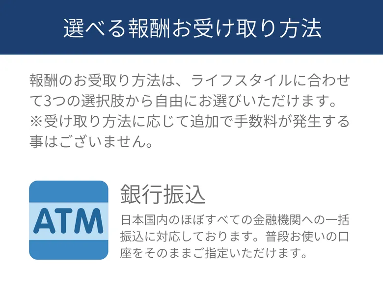 PRIVATEの選べる報酬お受け取り方法の説明。銀行振込、PayPay送金、現金書留の3つが並び、受け取り方法に応じて追加で手数料が発生する事はございませんと書かれている