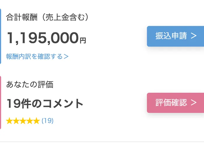 PRIVATEのマイページのダッシュボード。合計報酬（売上金含む）1,195,000円と表示され、その下に報酬内訳を確認する、振込申請というボタンが並んでいる
