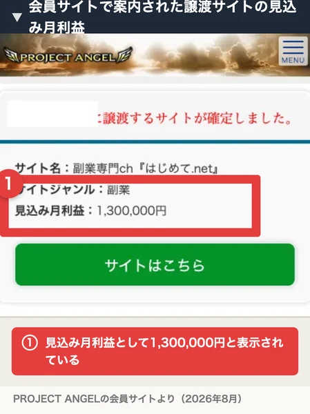 譲渡するサイトが確定しましたという見出しの下に、サイト名 副業専門ch はじめて.net、サイトジャンル 副業、見込み月利益 1,300,000円と表示されている画面