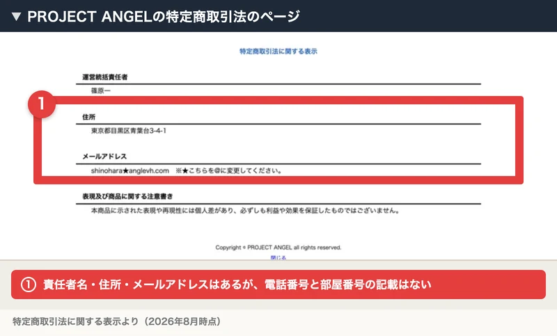 PROJECT ANGELの特定商取引法に関する表示のページ。運営統括責任者 篠原一、住所 東京都目黒区青葉台3-4-1、メールアドレス shinohara★anglevh.comのみが記載されている
