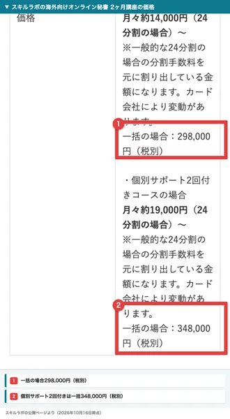 スキルラボの海外向けオンライン秘書2ヶ月講座の価格欄。一括の場合298,000円（税別）、個別サポート2回付きコースは一括348,000円（税別）で、どちらも24分割の月々の目安が書かれ、2か所が赤枠で囲まれている