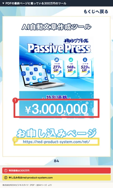 PDFの84ページ。AI自動文章作成ツール パッシブプレス、特別価格3,000,000円、申し込みページのURLが書かれている