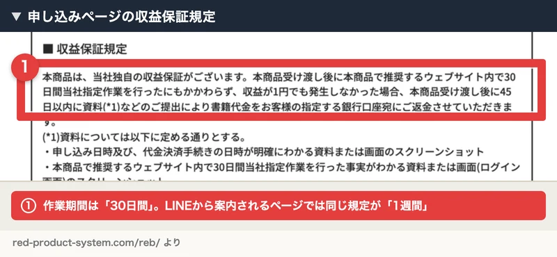 申し込みページの収益保証規定。本商品で推奨するウェブサイト内で30日間当社指定作業を行ったにもかかわらず、と書かれている