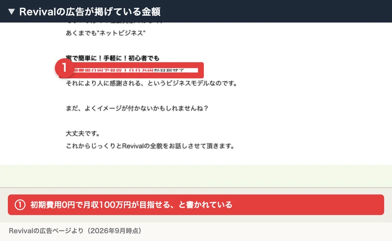 Revivalの広告が掲げている金額。家で簡単に手軽に初心者でも、初期費用0円で月収100万円が目指せて、それにより人に感謝されるというビジネスモデルなのですと書かれている。番号付きの赤枠と注釈が焼き込まれている