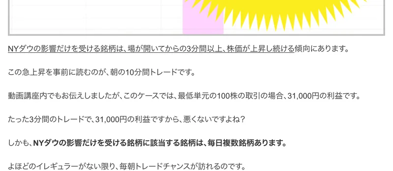 「NYダウの影響だけを受ける銘柄は、場が開いてからの3分間以上、株価が上昇する傾向が強いのです」と書かれ、3分間読み通りに急上昇という文字が添えられた動画講座の解説ページ