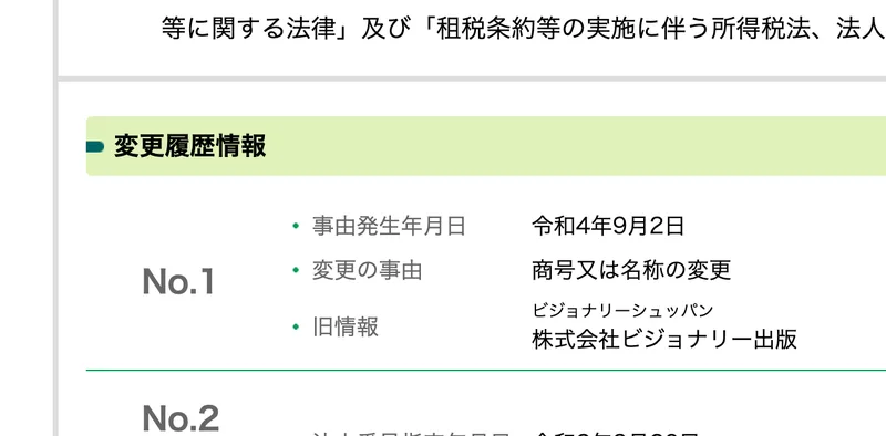 国税庁の法人番号公表サイトの変更履歴情報。事由発生年月日が令和4年9月2日、変更の事由が商号又は名称の変更、旧情報が株式会社ビジョナリー出版と表示されている