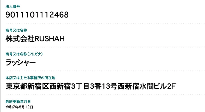 国税庁の法人番号公表サイトで、法人番号9011101112468、商号株式会社RUSHAH、所在地東京都新宿区西新宿3丁目3番13号西新宿水間ビル2F、最終更新年月日令和7年8月12日と表示された画面