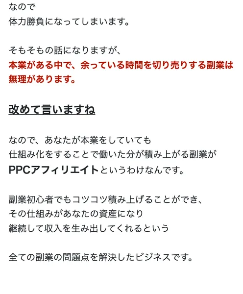 全ての副業の問題点を解決したビジネスですという文と、副業初心者でもコツコツ積み上げることができその仕組みがあなたの資産になるという説明が並んでいる広告ページ