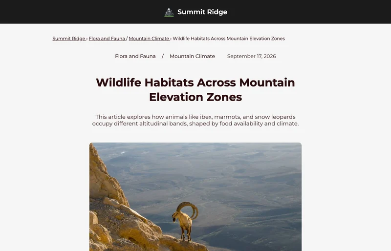 Summit Ridgeという英語のブログ。Wildlife Habitats Across Mountain Elevation Zones という記事が表示されている