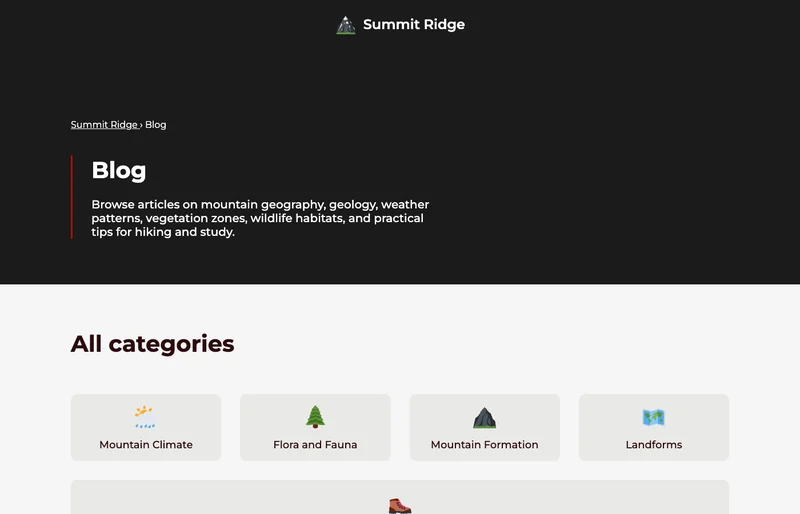 Summit Ridgeというブログのブログ一覧。Mountain Climate、Flora and Fauna、Mountain Formation などのカテゴリが英語で並んでいる