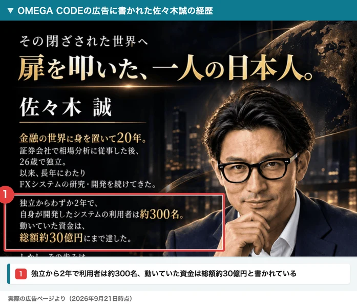 扉を叩いた一人の日本人という見出しと、佐々木誠の経歴。金融の世界に身を置いて20年、26歳で独立、独立からわずか2年で利用者は約300名、総額約30億円と書かれている