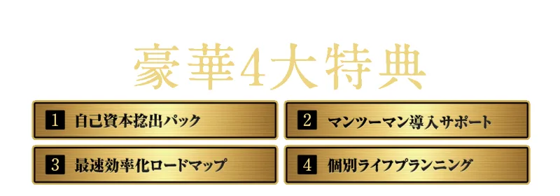 豪華4大特典、自己資本捻出パック、マンツーマン導入サポート、最速効率化ロードマップ、個別ライフプランニングと並んだ画面