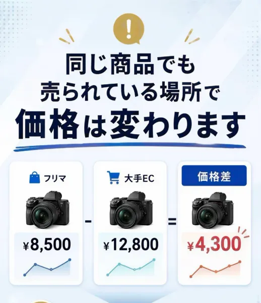 フリマ8,500円、大手EC12,800円、価格差4,300円という図とともに「同じ商品でも売られている場所で価格は変わります」と書かれた広告ページ