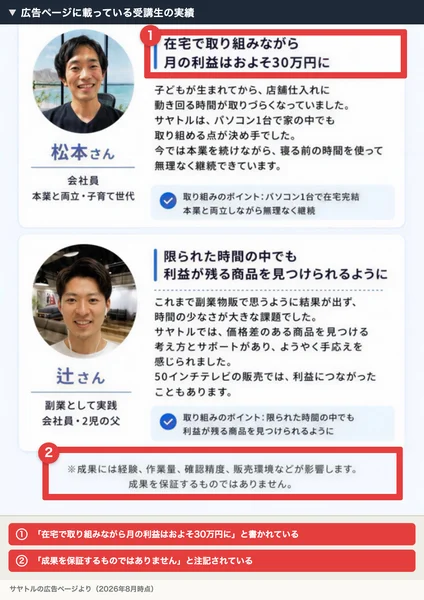 松本さん(会社員・本業と両立、子育て世代)の「在宅で取り組みながら月の利益はおよそ30万円に」という体験談と、下部に「成果を保証するものではありません」という注記が並ぶ広告ページに赤枠の注釈が付いている