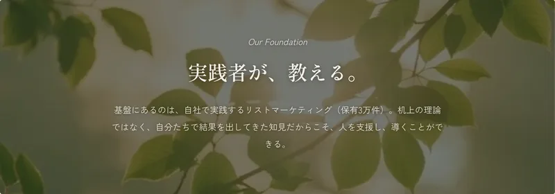 実践者が教えるという見出しの下に、基盤にあるのは自社で実践するリストマーケティング（保有3万件）ですと書かれた株式会社White&Coco.の公式サイトの一節