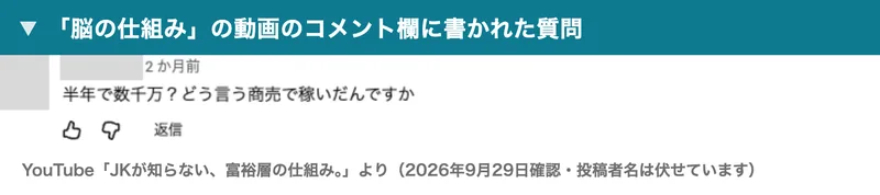 YouTubeのコメント欄。2か月前の投稿で、半年で数千万？どう言う商売で稼いだんですかと書かれ、返信は付いていない