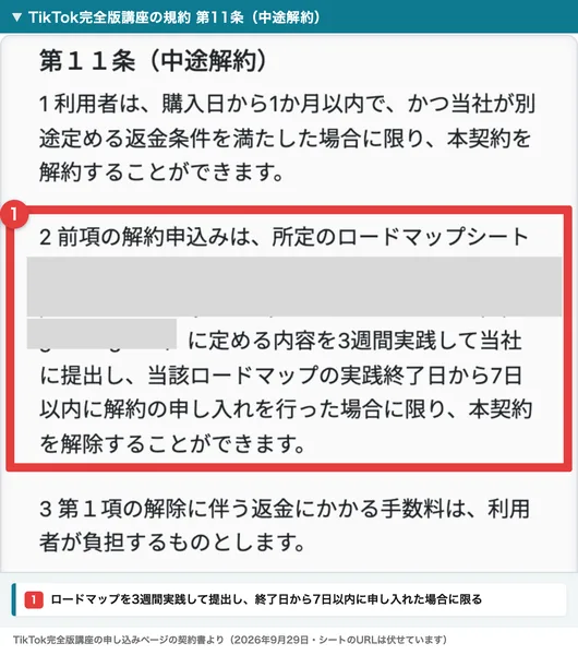 TikTok完全版講座の契約書の第11条。利用者は購入日から1か月以内で返金条件を満たした場合に限り解約でき、所定のロードマップシートの内容を3週間実践して提出し、実践終了日から7日以内に申し入れた場合に限り解除できると書かれている