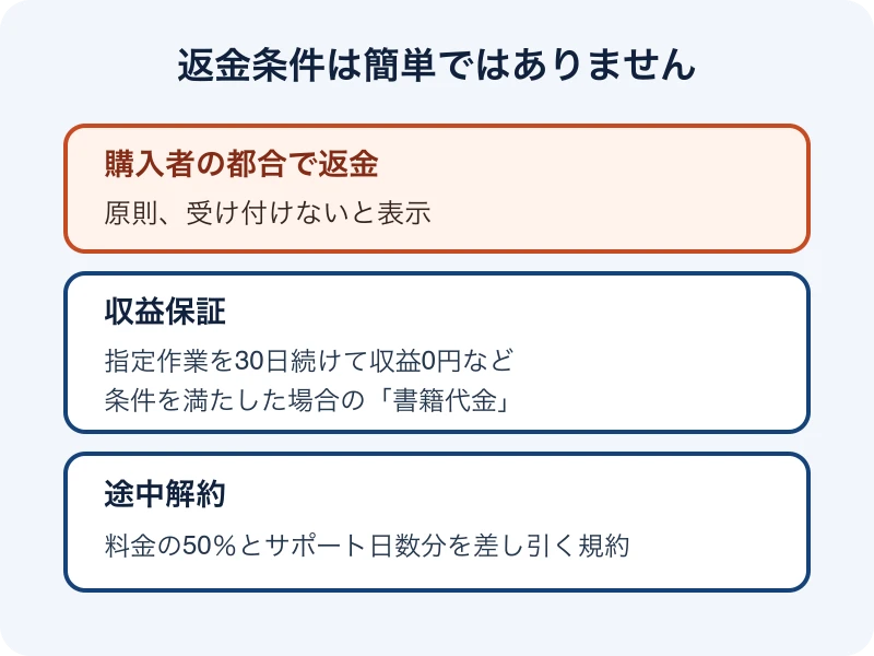 購入者都合の返金、条件付き保証、途中解約の規約を整理した図