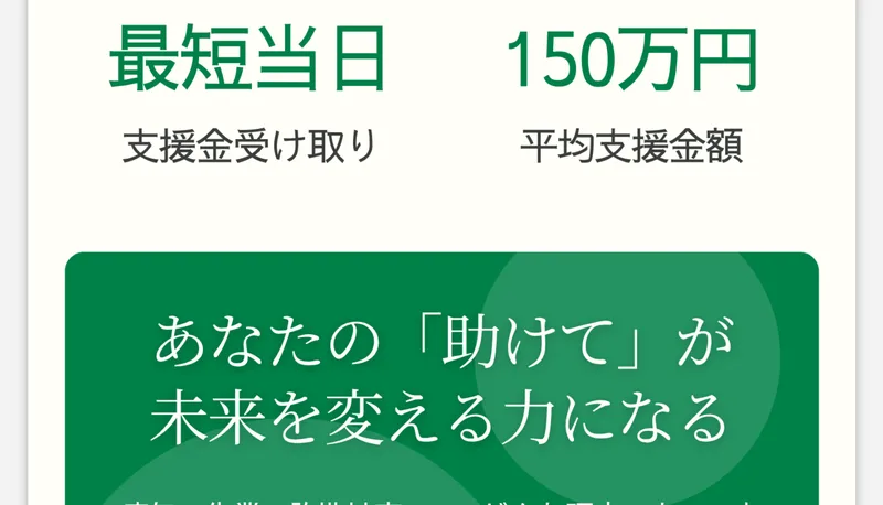 「最短当日 支援金受け取り」「150万円 平均支援金額」と大きく表示され、その下に「あなたの『助けて』が未来を変える力になる」と書かれた支援型クラファンの広告
