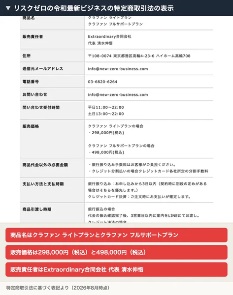 特定商取引法に基づく表記。商品名はクラファン ライトプランとクラファン フルサポートプラン、販売責任者はExtraordinary合同会社 代表 清水伸悟、販売価格は298,000円（税込）と498,000円（税込）と記載されている