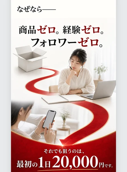 商品ゼロ。経験ゼロ。フォロワーゼロ。それでも1日20,000円と大きく書かれている新時代ゼロイチプロジェクトの案内ページ