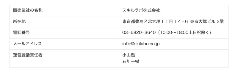 特定商取引法に基づく表記。販売業社の名称はスキルラボ株式会社、所在地は東京都豊島区北大塚1丁目14-6東京大塚ビル2階、電話番号は03-6820-3640と記載されている