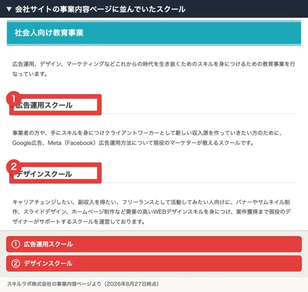 会社サイトの事業内容ページ。社会人向け教育事業として広告運用スクールとデザインスクールの2つが並んでいる