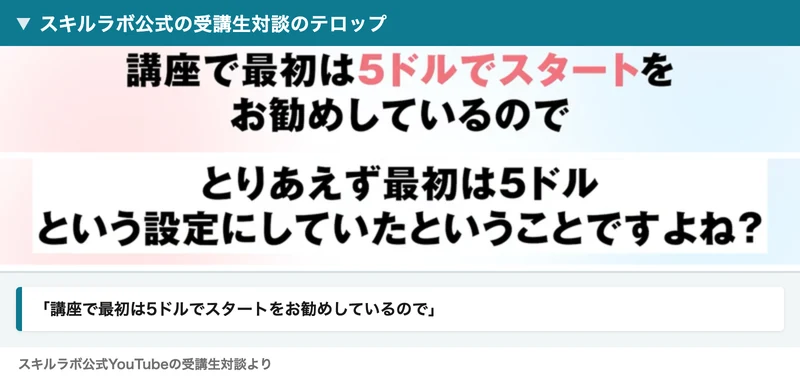 スキルラボ公式の受講生対談のテロップ。講座で最初は5ドルでスタートをお勧めしているので、とりあえず最初は5ドルという設定にしていたということですよね？と出ている