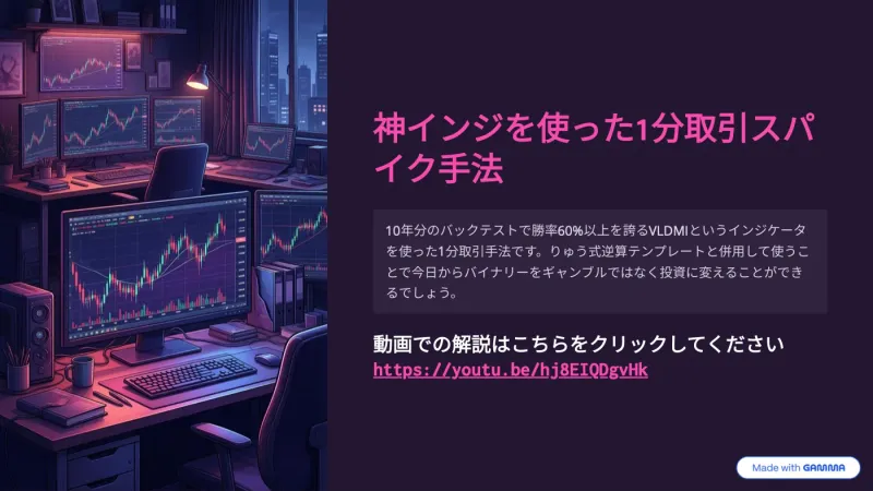 リュウの配布資料「神インジを使った1分取引スパイク手法」の表紙。10年分のバックテストで勝率60%以上との主張