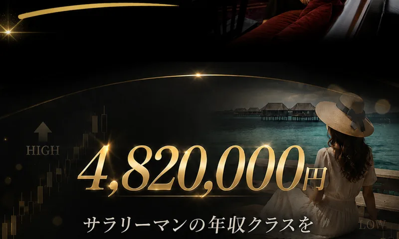 4,820,000円という数字の下に、サラリーマンの年収クラスをたった2時間で、そして一体何をしたのか、その答えはたった2つの選択にありましたと書かれた広告の一部