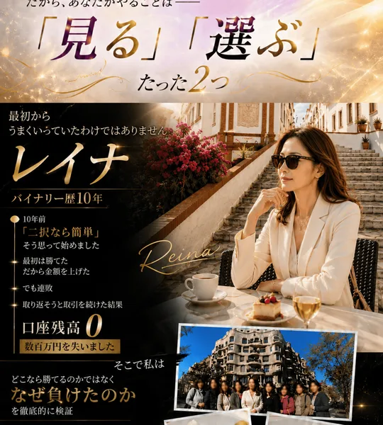 最初からうまくいっていたわけではありませんという書き出しでレイナのバイナリー歴10年が紹介され、10年前に二択なら簡単と思って始め、最初は勝てたので金額を上げ、連敗して取り返そうと取引を続けた結果、口座残高0で数百万円を失いましたと書かれた広告の一部